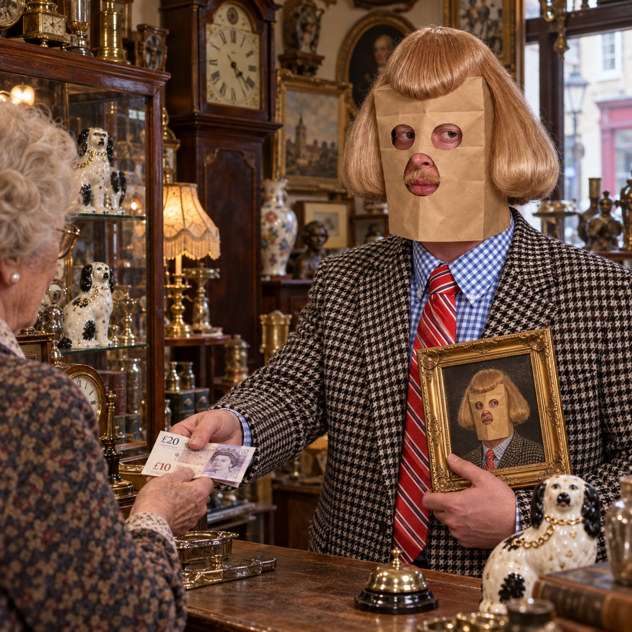 Phil buying a framed portrait of himself at an antique shop